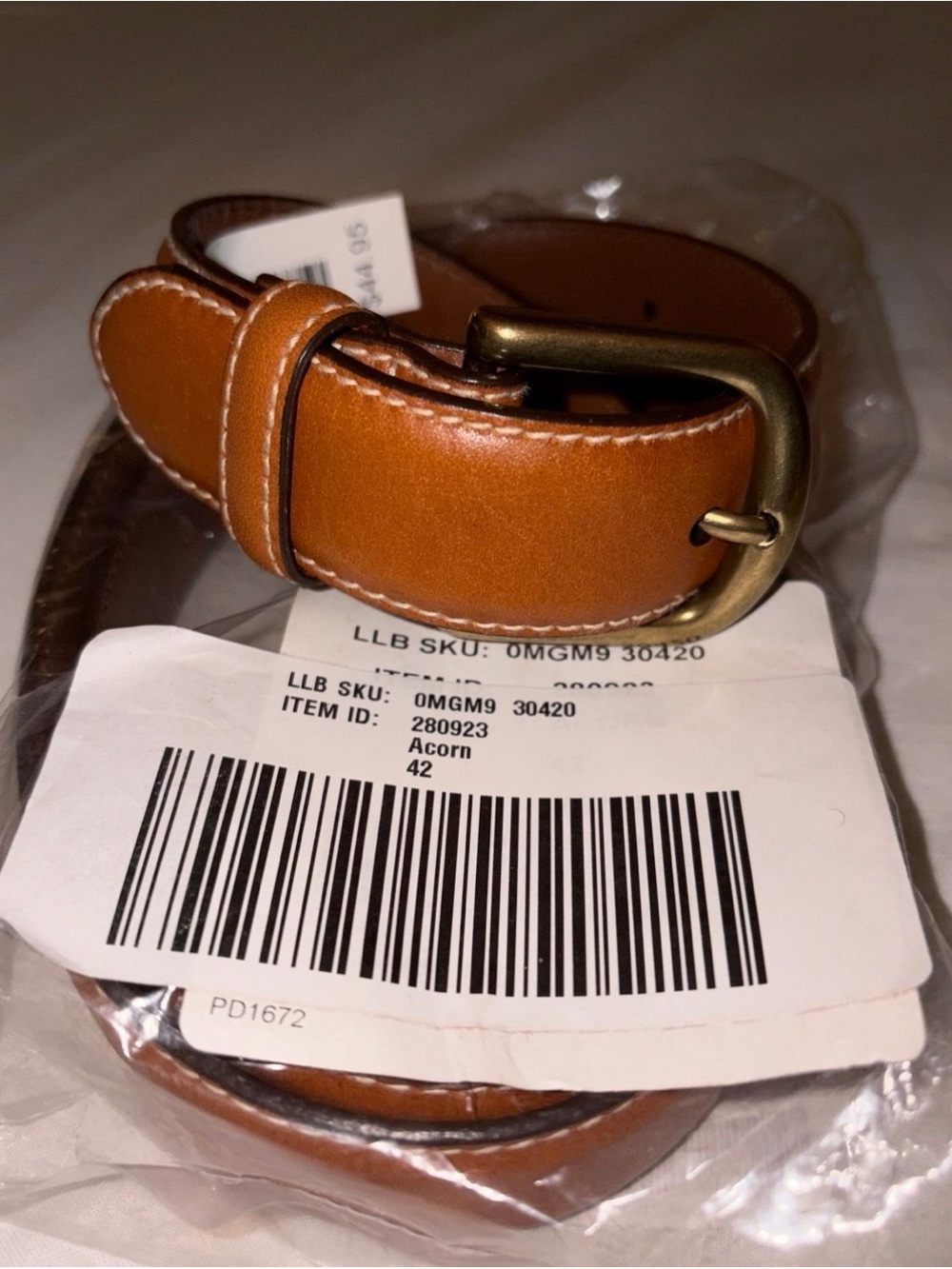 L.L. Bean Men's Acorn Brown Leather Belt with Brass Buckle 42 inches